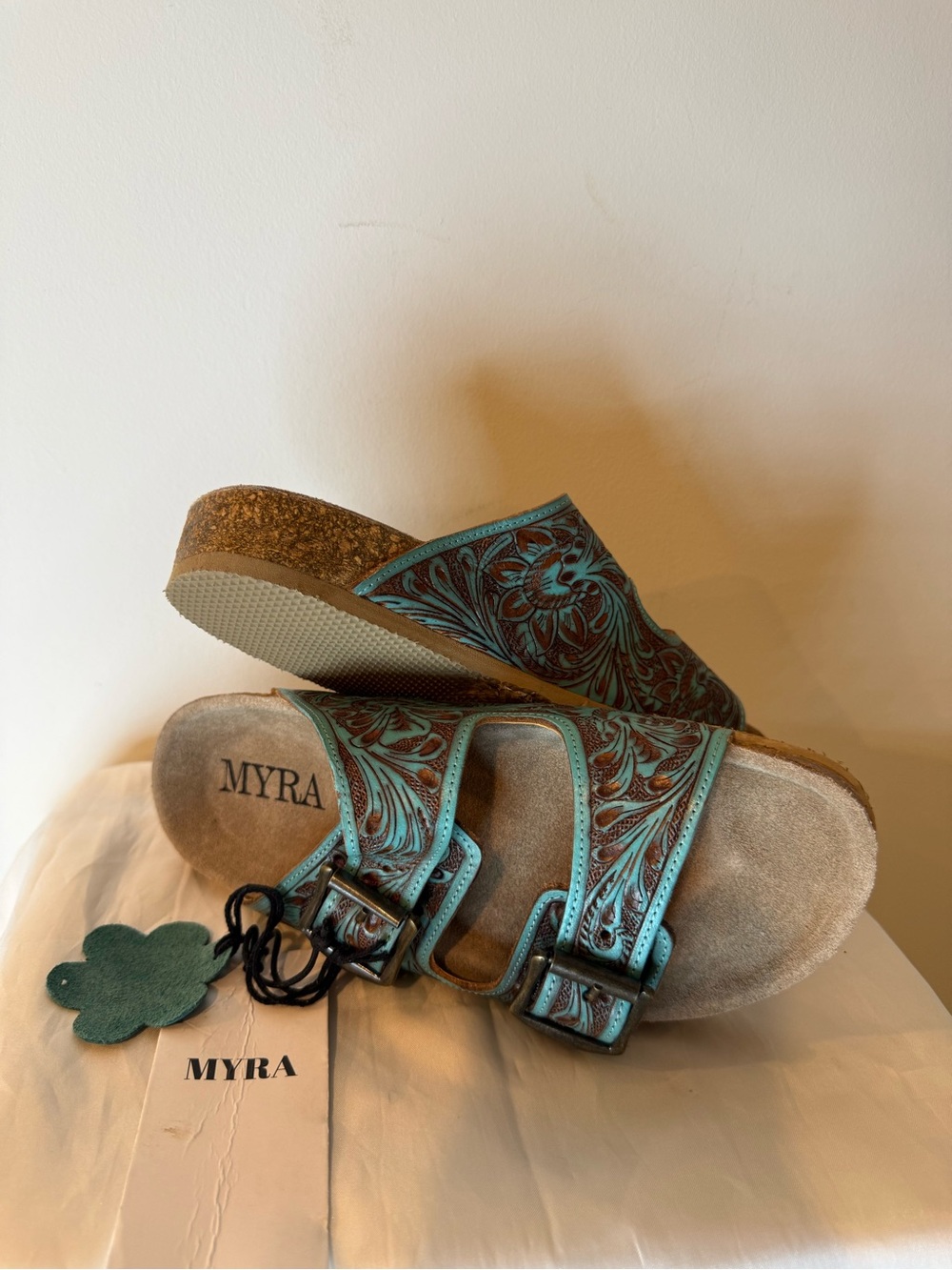 Myra "Falling Feather" Hand-Tooled Leather Sandals- Turquoise